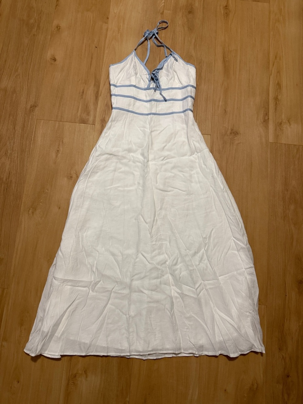 Storia White Maxi Dress with Light Blue Piping